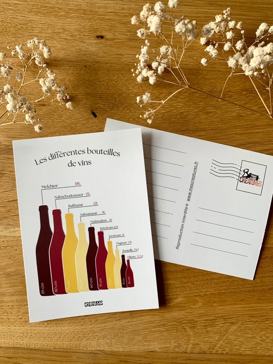 Carte postale représentant les différentes tailles de bouteilles avec leur nom et contenance respective