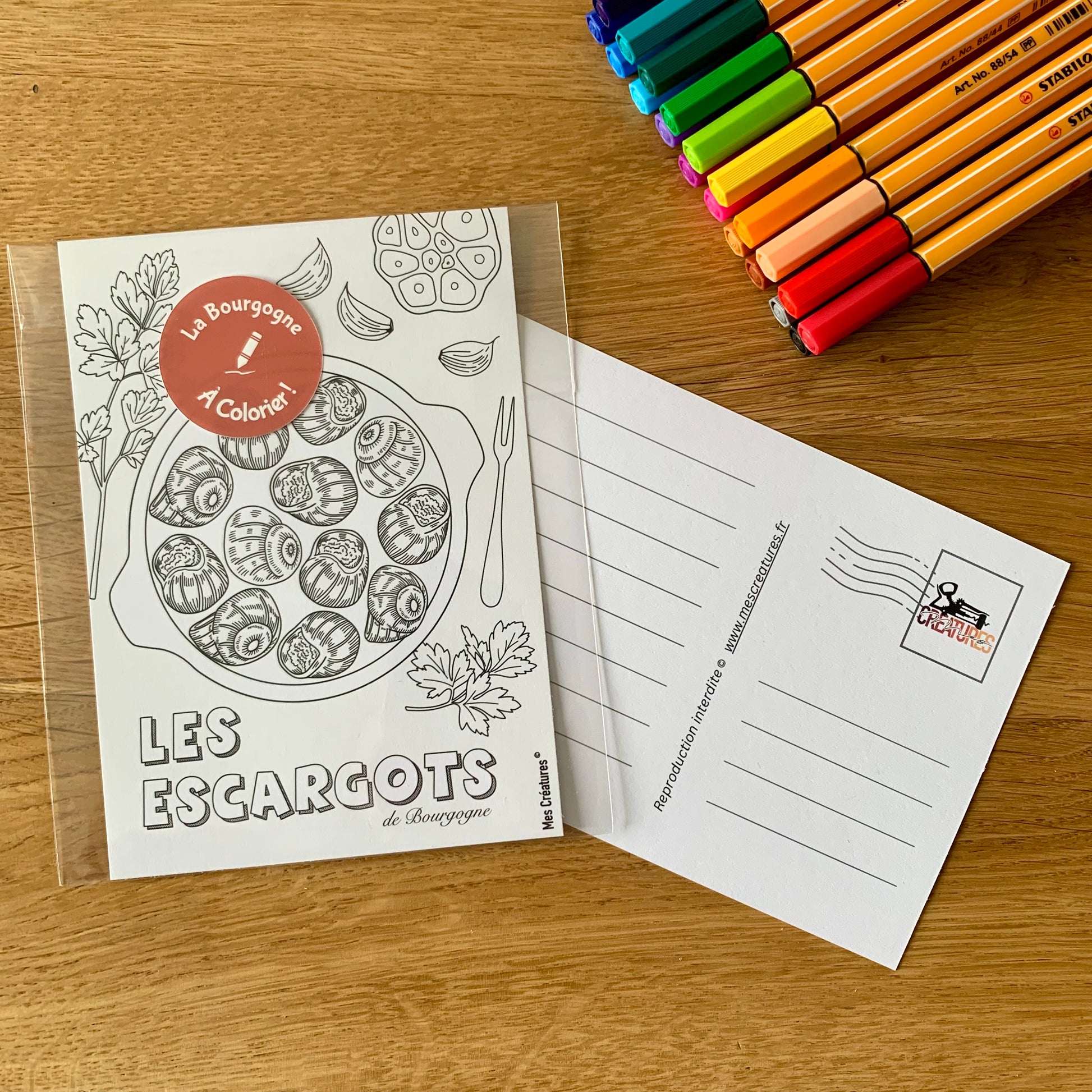 Carte postale a colorier illustré des fameux escargots de bourgogne