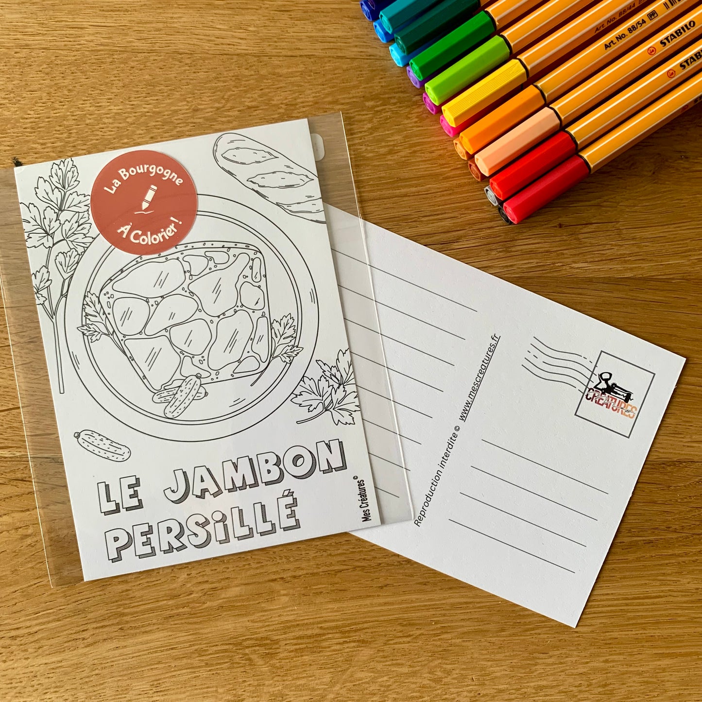 Carte postale a colorier illustrant le jambon persillé, spécialité de Bourgogne