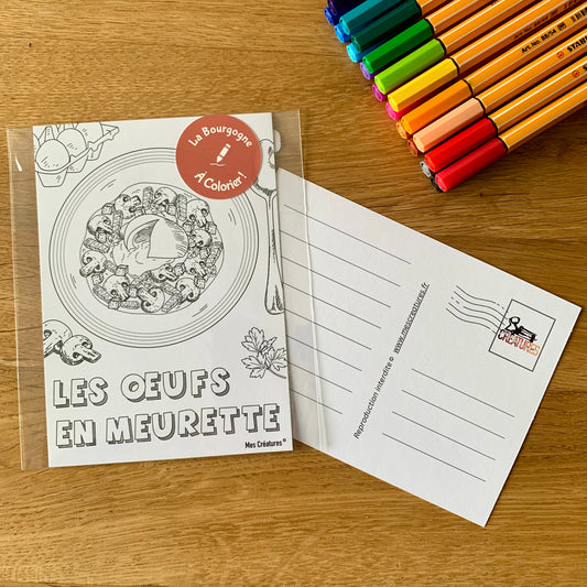 Carte postale a colorier illustrant une des spécialités bourguignonne, les œufs en meurette